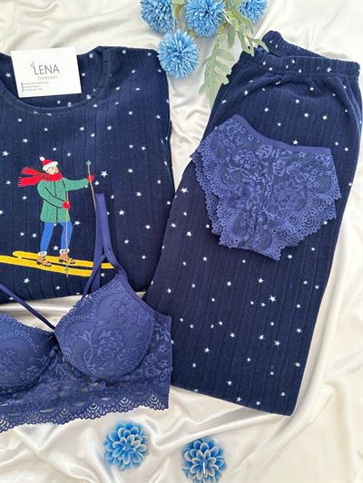 Lacivert Kayakçı Dörtlü Polar Pijama Seti