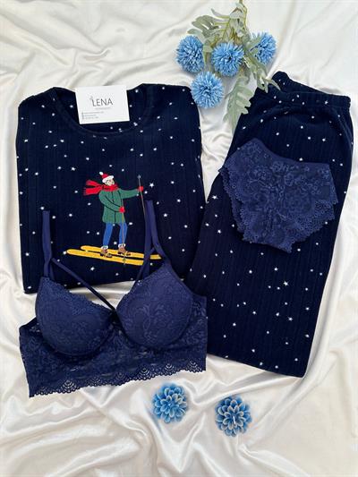 Lacivert Kayakçı Dörtlü Polar Pijama Seti