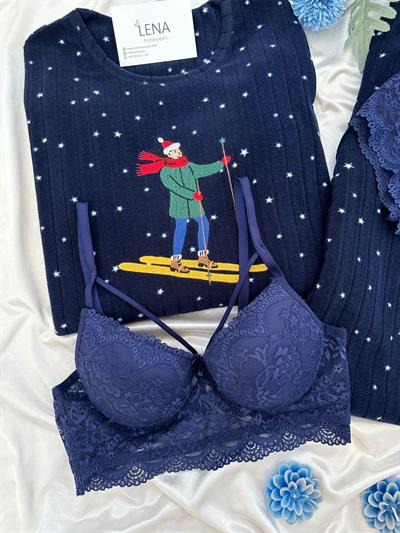 Lacivert Kayakçı Dörtlü Polar Pijama Seti