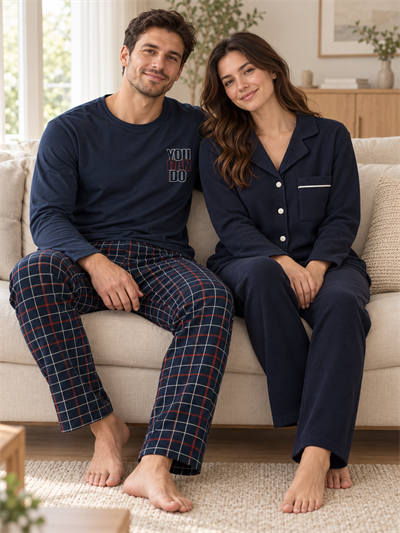 Lacivert Klasik & Ekose Sevgili Çift Uzun Kollu Pijama Takımı (2Lİ SET)