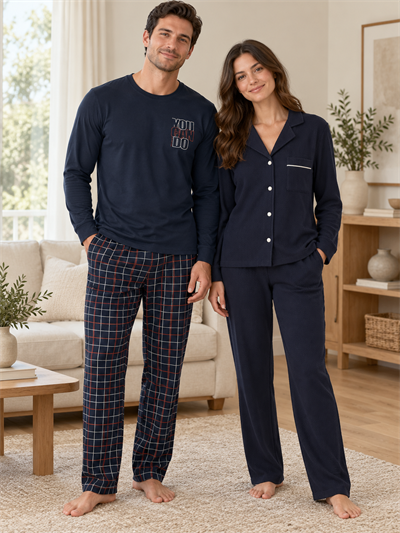 Lacivert Klasik & Ekose Sevgili Çift Uzun Kollu Pijama Takımı (2Lİ SET)