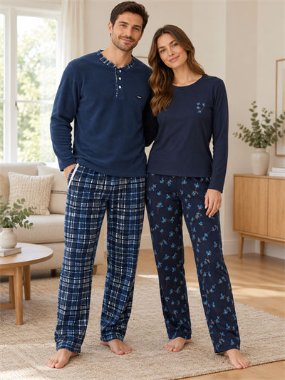 Lacivert Mavi Çiçek & Ekose Sevgili Çift Uzun Kollu Pijama Takımı (2Lİ SET)