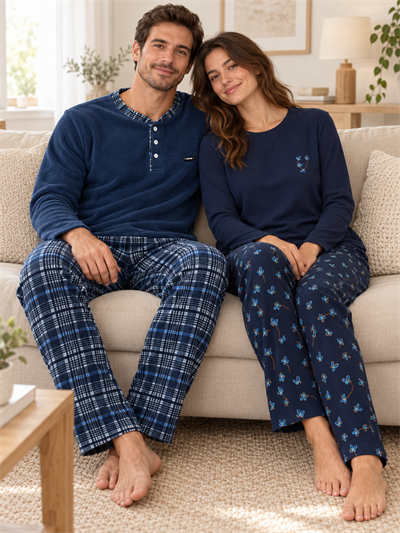 Lacivert Mavi Çiçek & Ekose Sevgili Çift Uzun Kollu Pijama Takımı (2Lİ SET)