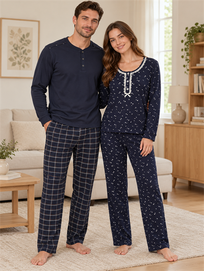 Lacivert Papatya & Ekose Sevgili Çift Uzun Kollu Pijama Takımı (2Lİ SET)