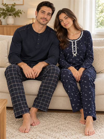 Lacivert Papatya & Ekose Sevgili Çift Uzun Kollu Pijama Takımı (2Lİ SET)