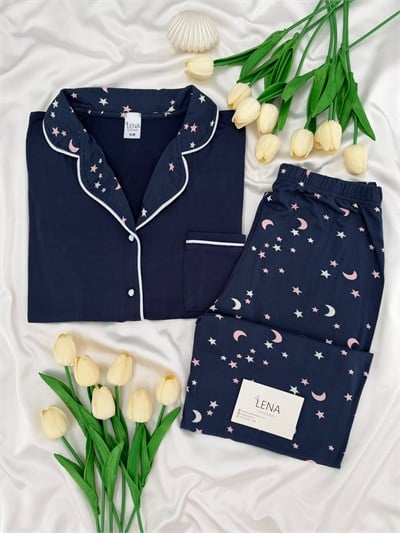 Lacivert Yıldız & Ay Desenli Milan Uzun Kollu Pijama Takımı