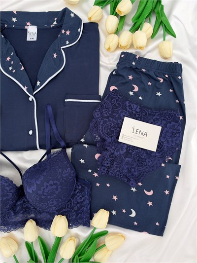 Lacivert Yıldız & Ay Desenli Milan Uzun Kollu 4lü Pijama Takımı