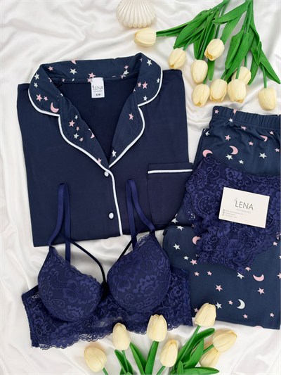Lacivert Yıldız & Ay Desenli Milan Uzun Kollu 4lü Pijama Takımı