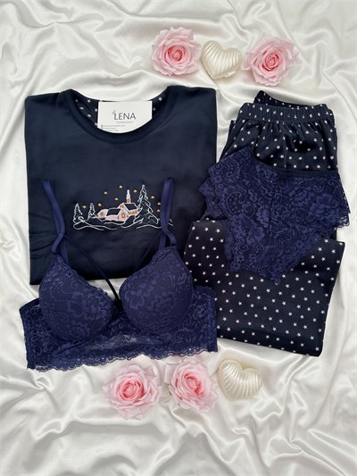 Lacivert İşlemeli 4lü Fransız Kadife Pijama Takımı