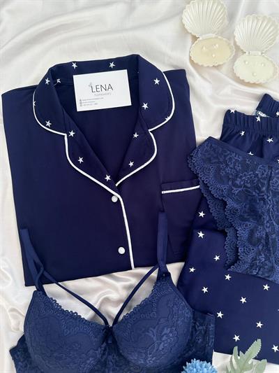 Lacivert Yıldız Desenli Dörtlü Pijama Seti 
