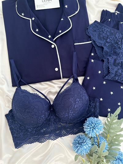 Lacivert Yıldız Desenli Dörtlü Pijama Seti 