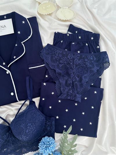 Lacivert Yıldız Desenli Dörtlü Pijama Seti 