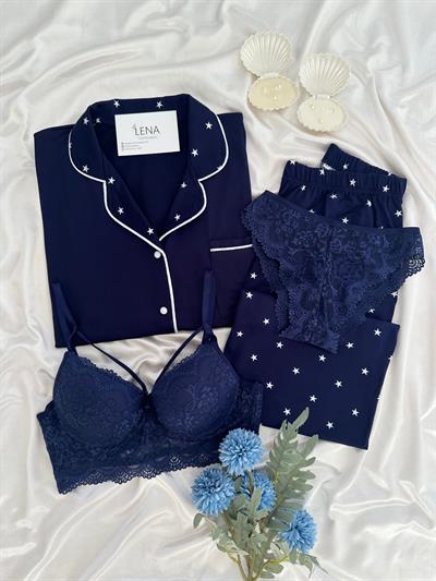 Lacivert Yıldız Desenli Dörtlü Pijama Seti 