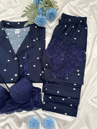 Lacivet Kalp Desenli Dörtlü Kısa Kollu Pijama Takımı