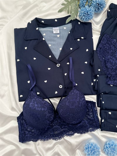 Lacivet Kalp Desenli Dörtlü Kısa Kollu Pijama Takımı