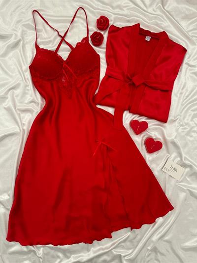 Lady İconic Kırmızı Destekli Gecelik & Sabahlık Takımı
