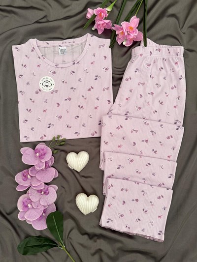 Lila Çiçek Pamuklu Kısa Kollu Pijama Takımı