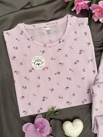 Lila Çiçek Pamuklu Kısa Kollu Pijama Takımı