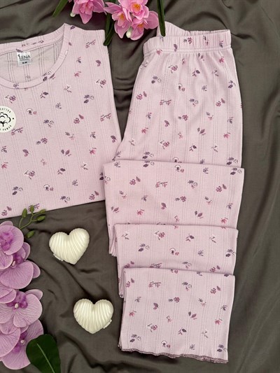 Lila Çiçek Pamuklu Kısa Kollu Pijama Takımı