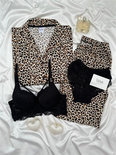 Leopar Desenli 4lü Termosoft Pijama Takımı