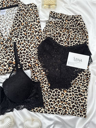 Leopar Desenli 4lü Termosoft Pijama Takımı
