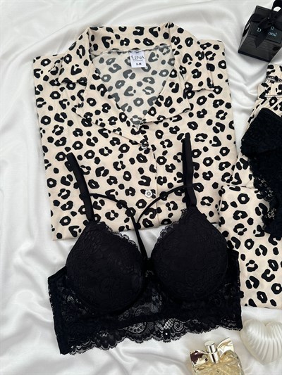 Leopar Desenli Dörtlü Kısa Kollu Pijama Takımı