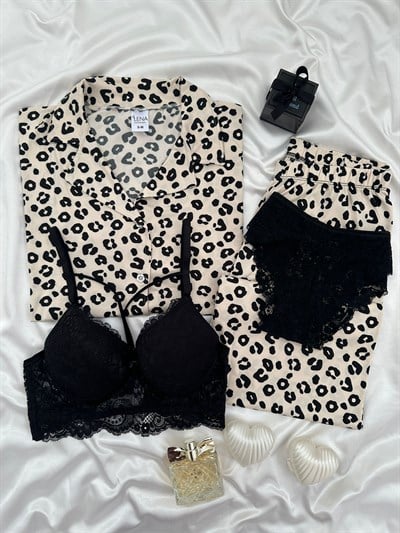 Leopar Desenli Dörtlü Kısa Kollu Pijama Takımı