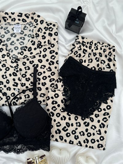 Leopar Desenli Dörtlü Kısa Kollu Pijama Takımı