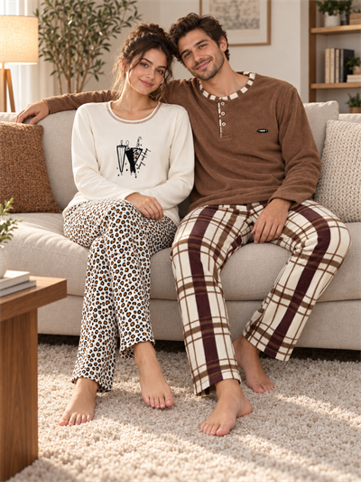 Leopar ve Kahve Ekose Günlük Rahat Sevgili Çift Uzun Kollu Pijama Takımı (2li Set)