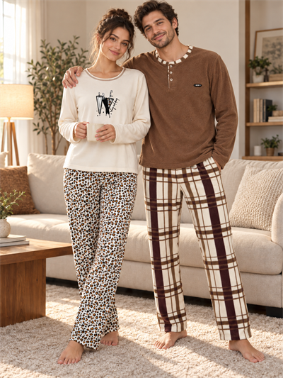 Leopar ve Kahve Ekose Günlük Rahat Sevgili Çift Uzun Kollu Pijama Takımı (2li Set)