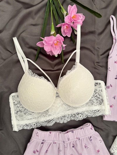 Lila Çiçek Desenli Pamuklu 4lü Şortlu Pijama Takımı