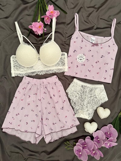 Lila Çiçek Desenli Pamuklu 4lü Şortlu Pijama Takımı