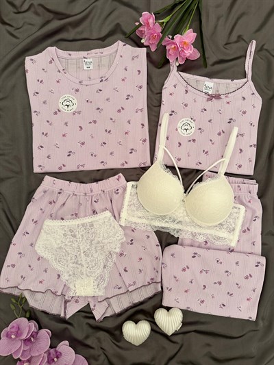 Lila Çiçek Pamuklu 6lı Transfer Pijama Takımı