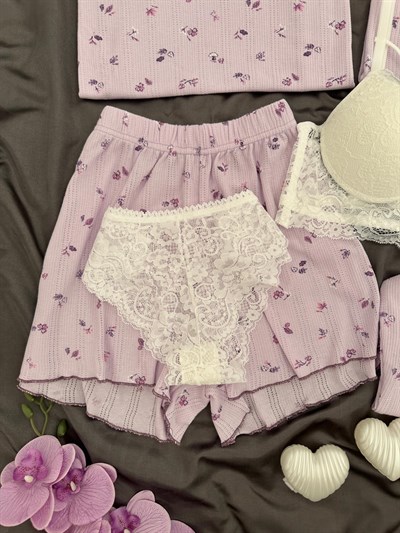 Lila Çiçek Pamuklu 6lı Transfer Pijama Takımı