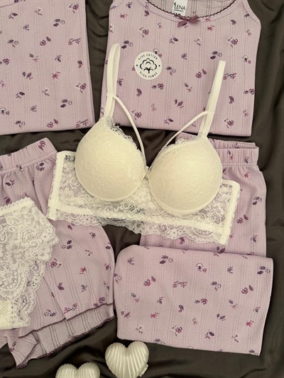 Lila Çiçek Pamuklu 6lı Transfer Pijama Takımı