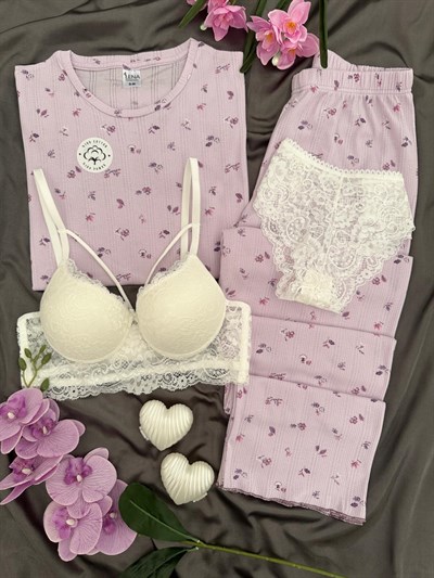 Lila Çiçek Pamuklu Dörtlü Pijama Takımı