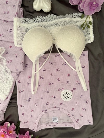 Lila Çiçek Pamuklu Dörtlü Pijama Takımı