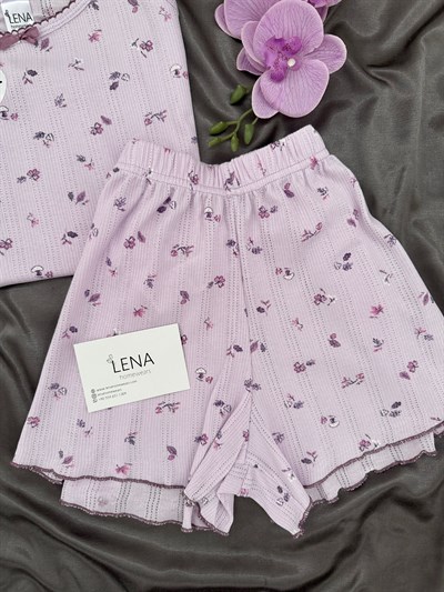 Lila Çiçek Pamuklu Şortlu Pijama Takımı