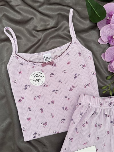 Lila Çiçek Pamuklu Şortlu Pijama Takımı