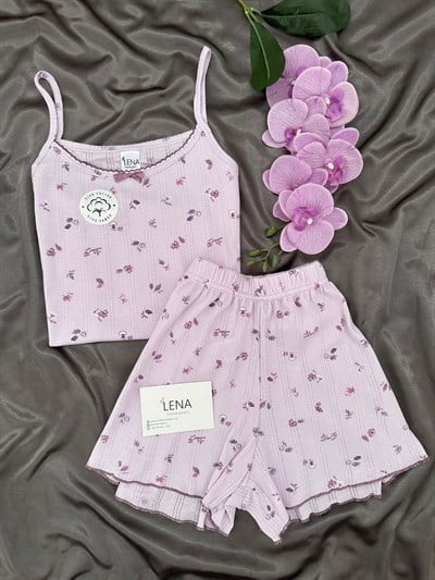 Lila Çiçek Pamuklu Şortlu Pijama Takımı