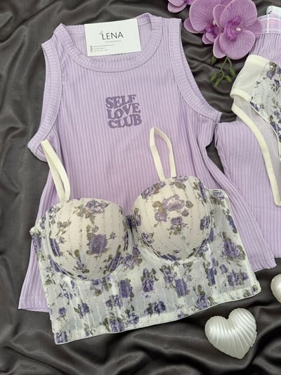 Lila Dörtlü Floryum Askılı Pijama Takımı 