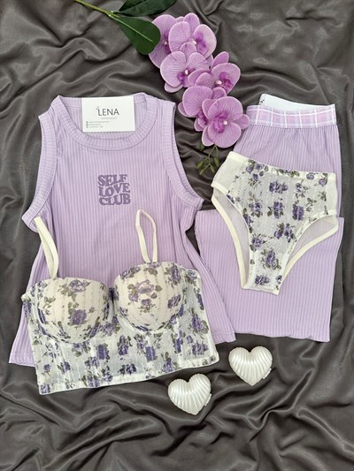 Lila Dörtlü Floryum Askılı Pijama Takımı 