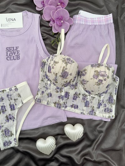 Lila Dörtlü Floryum Askılı Pijama Takımı 