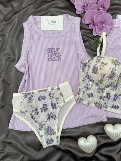 Lila Dörtlü Floryum Askılı Pijama Takımı 