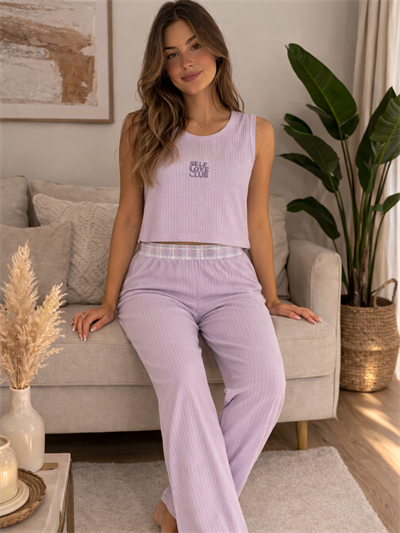 Lila Dörtlü Floryum Askılı Pijama Takımı 