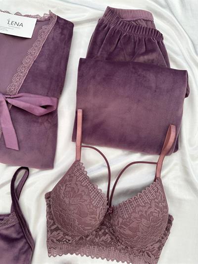 Lila Kadife Sabahlıklı 5li Pijama Set