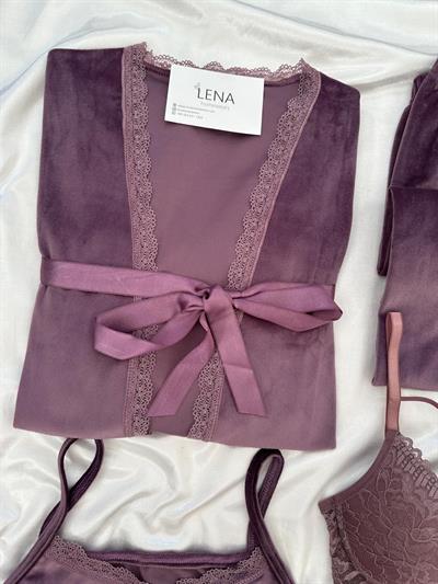 Lila Kadife Sabahlıklı 5li Pijama Set