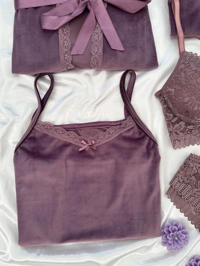 Lila Kadife Sabahlıklı 5li Pijama Set
