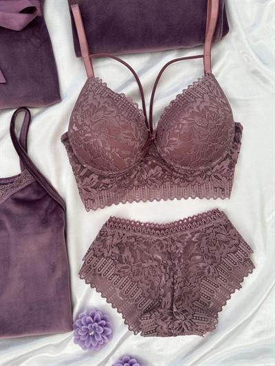 Lila Kadife Sabahlıklı 5li Pijama Set