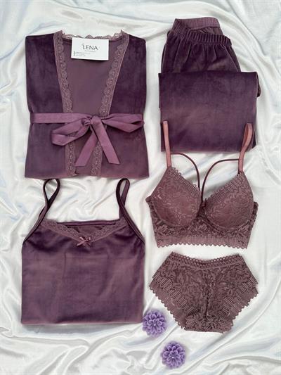 Lila Kadife Sabahlıklı 5li Pijama Set
